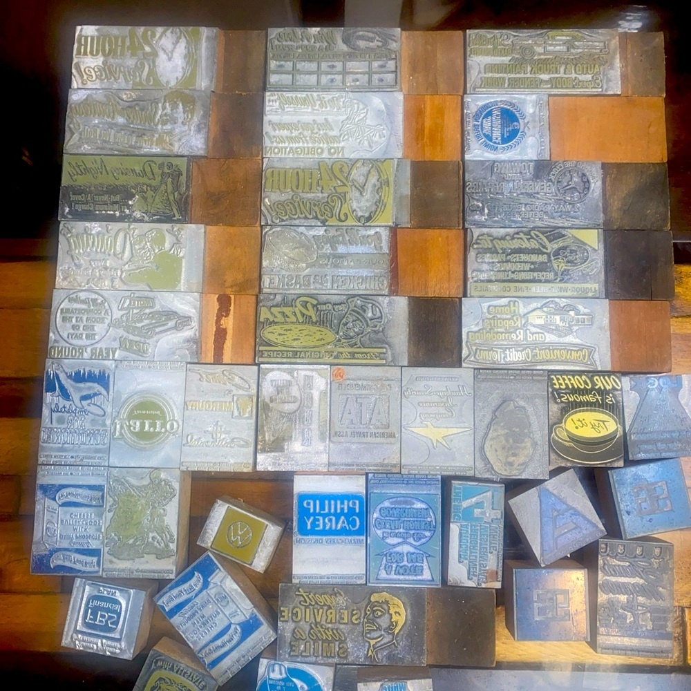 100 piece random lot “rare” letterpress printing wooden blocks, antiques 40-60s